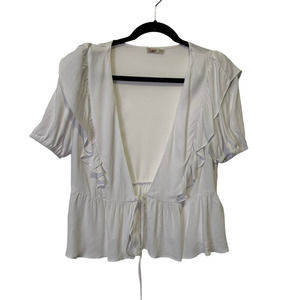 Faherty Ruffle Hem Peplum Crop Tops Puff Short Sleeves Tie Deep White X-Small